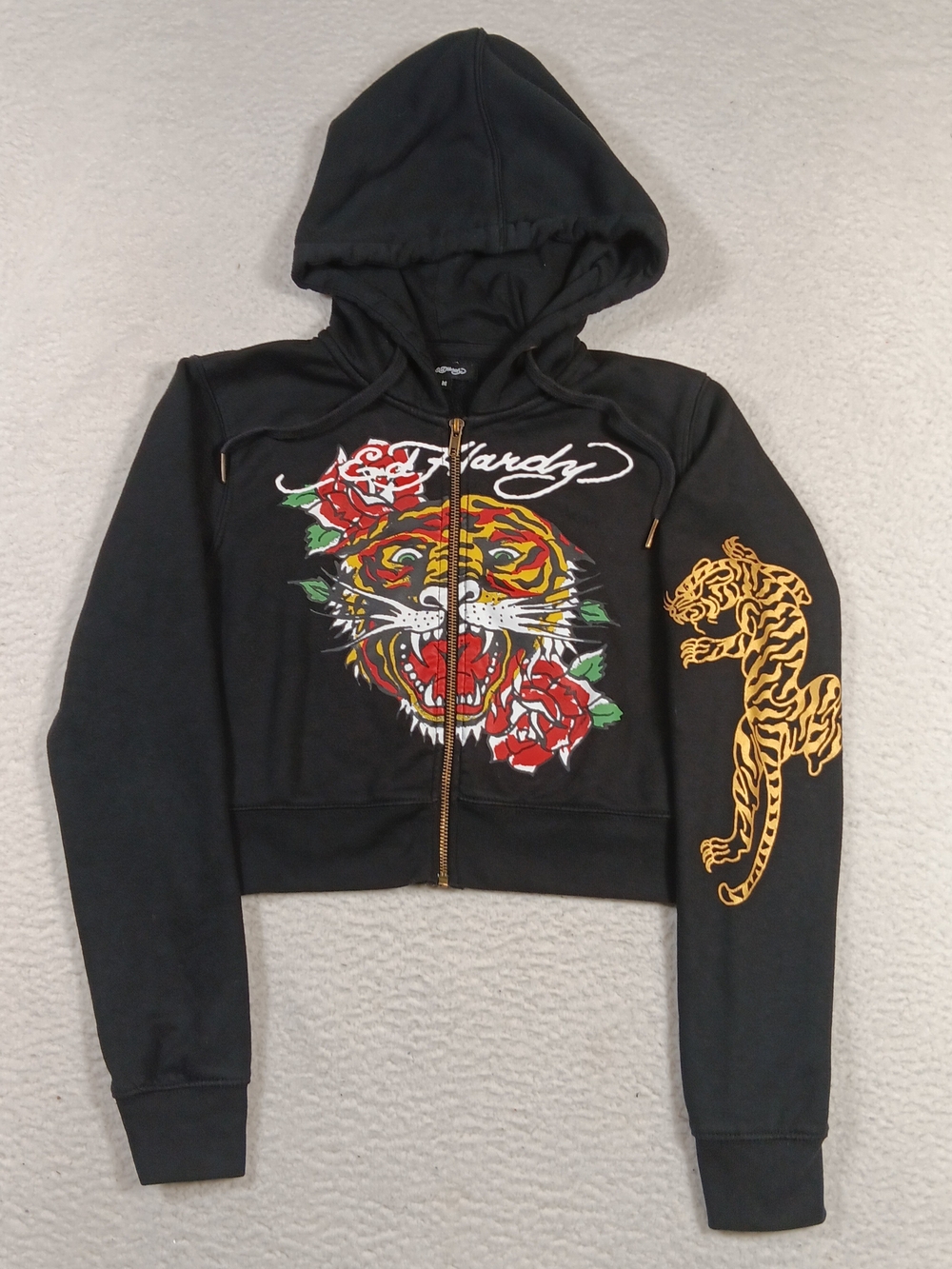 Ed Hardy Hoodie Womens Medium Black Retro Tiger Rose Cropped Full Zip